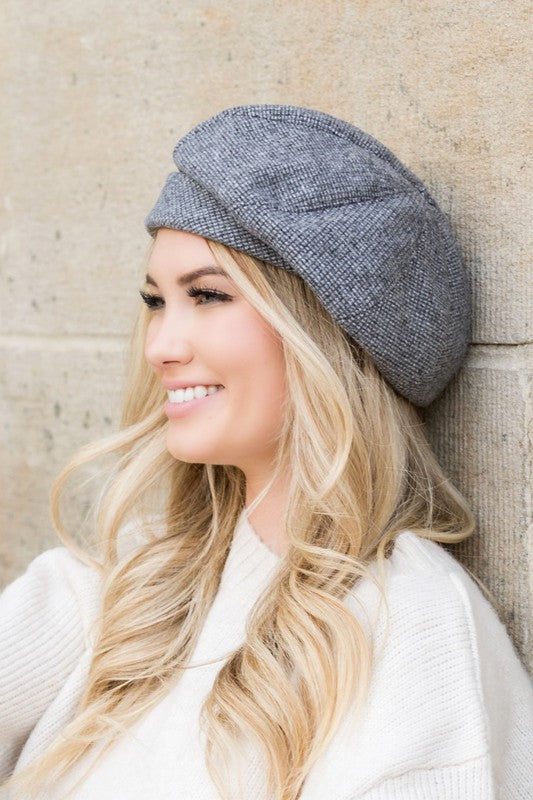 grey Micro Herringbone Print Beret