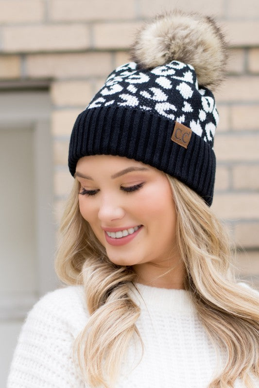 C.C Leopard Print Faux Fur Pom Beanie