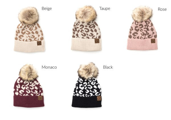 C.C Leopard Print Faux Fur Pom Beanie