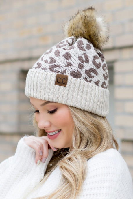 C.C Leopard Print Faux Fur Pom Beanie