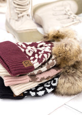 C.C Leopard Print Faux Fur Pom Beanie