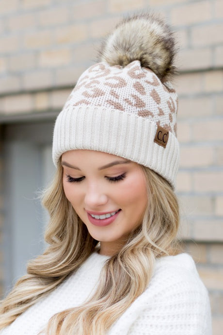 C.C Leopard Print Faux Fur Pom Beanie