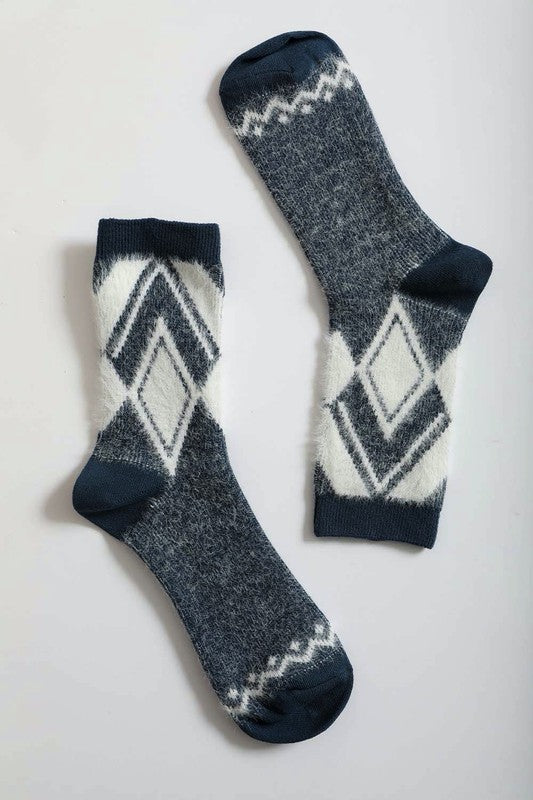 blue Faux Mohair Diamond Pattern Socks