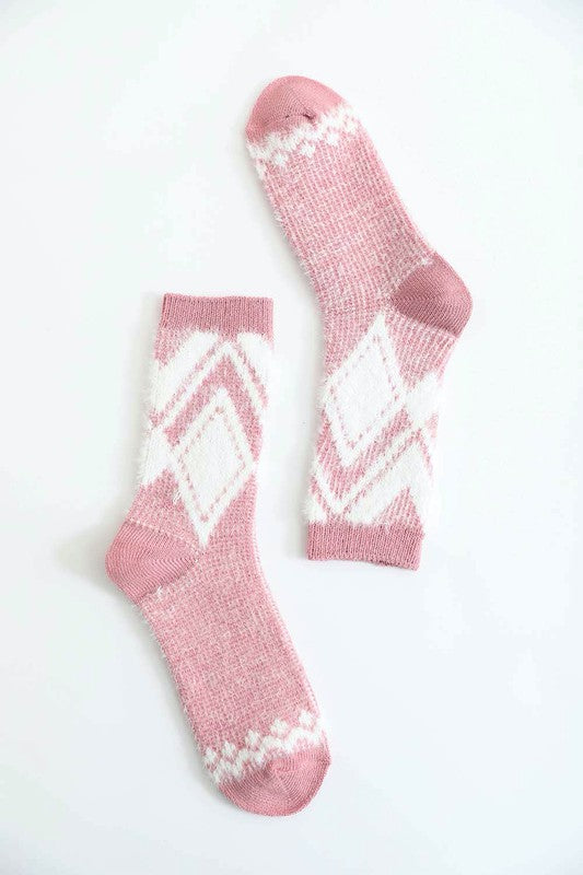 pink Faux Mohair Diamond Pattern Socks