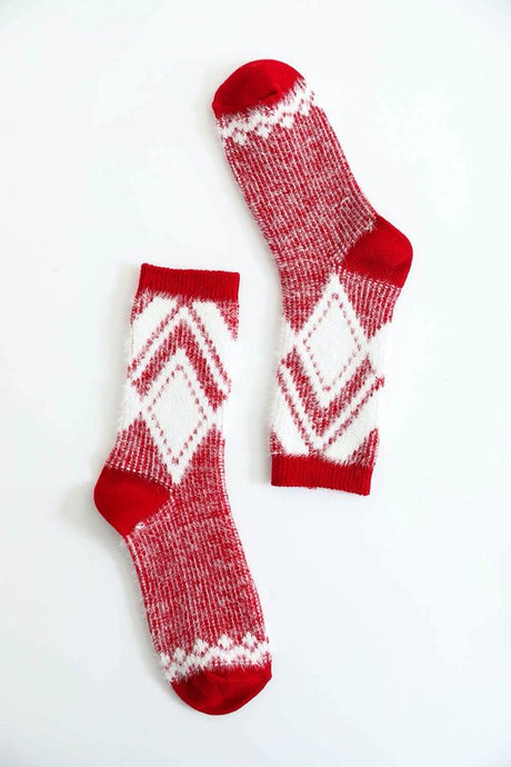 red Faux Mohair Diamond Pattern Socks