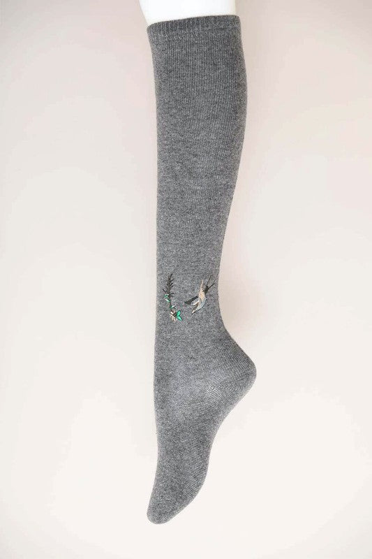 grey Hummingbird Wool Knee High Socks