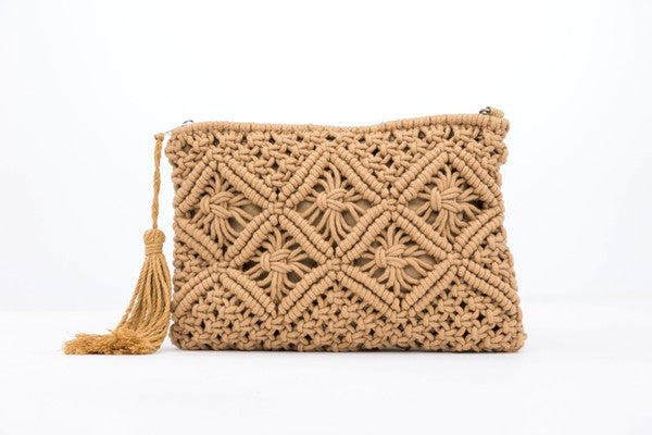 khaki Woven Macrame Tassel Clutch