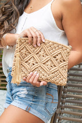 khaki Woven Macrame Tassel Clutch