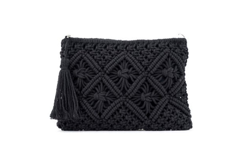 Black Woven Macrame Tassel Clutch