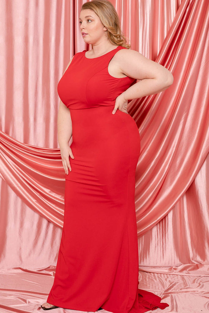 red Ruffle Drapped Tail Plus Size Maxi Dress