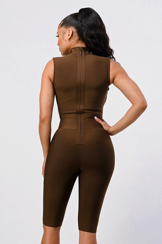 back view of model wearing Sexy Brown Criss Cross Detail Bandage Romper