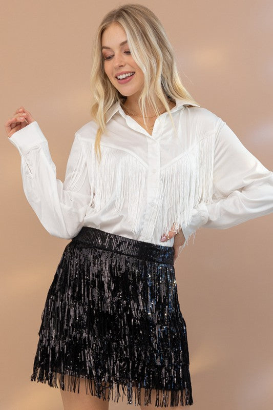 white Satin Shirt Blouse with Chevron Fringe