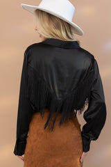 Black Satin Shirt Blouse with Chevron Fringe