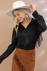 Black Satin Shirt Blouse with Chevron Fringe