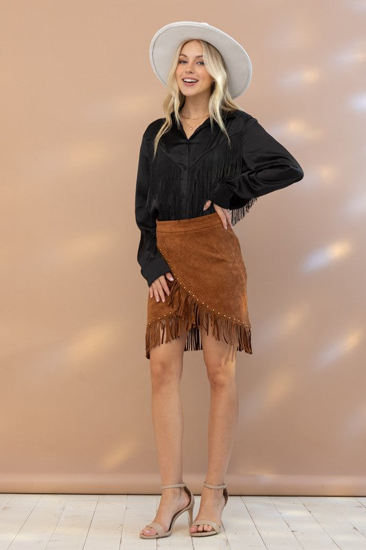 Black Satin Shirt Blouse with Chevron Fringe