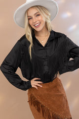 Black Satin Shirt Blouse with Chevron Fringe