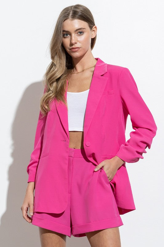 hot pink Single Blazer Covered Button Closure Wrinkle SLV Detail Shorts Set