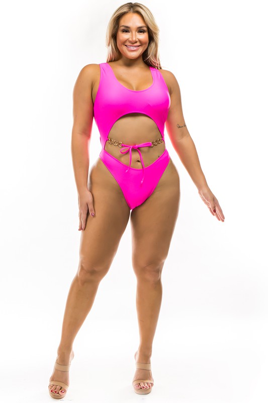 pink Plus Size One-Piece Chain Detail Swimsuit