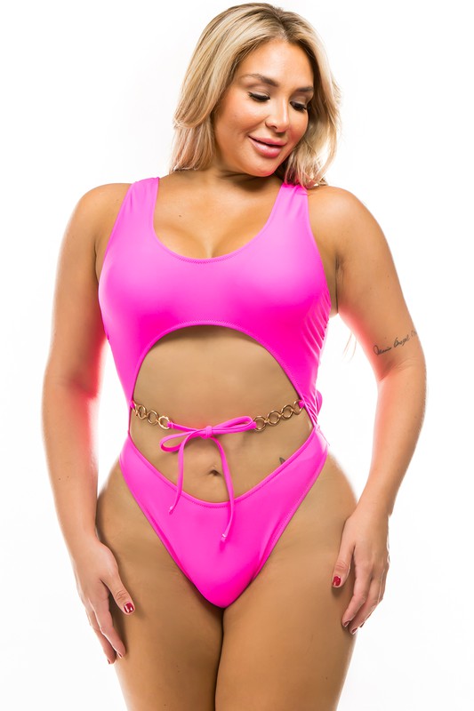 model wearing pink Plus Size One-Piece Chain Detail Swimsuit