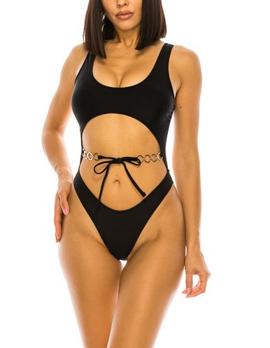 Black Plus Size One-Piece Chain Detail Swimsuit