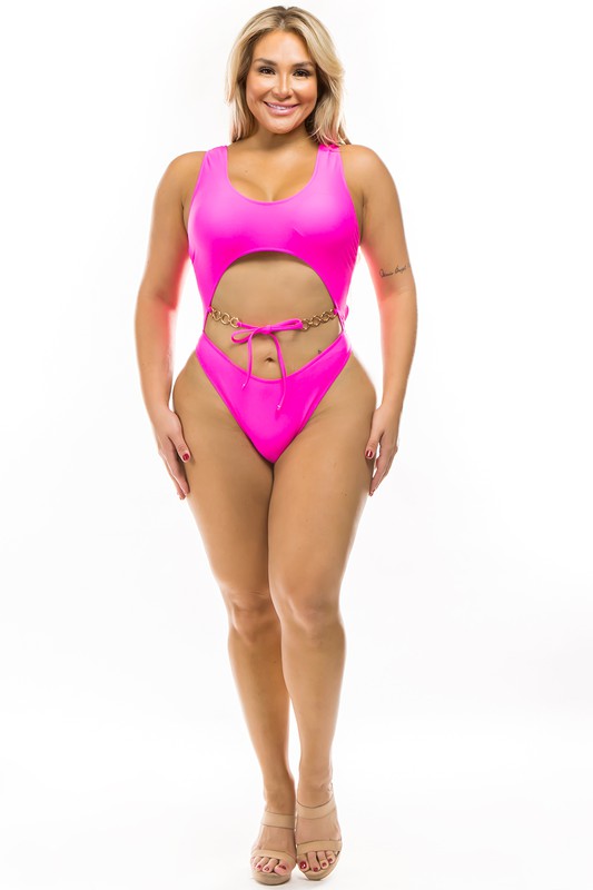 full view of pink Plus Size One-Piece Chain Detail Swimsuit