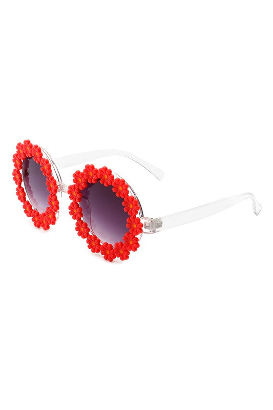 red Round Daisy Flower Shape Circle Floral Sunglasses with clear arms