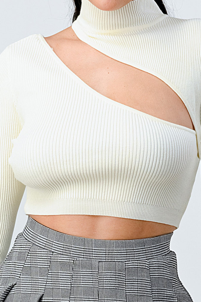 ivory LUX SWEATER RIB CUTOUT MOCK NECK CROP TOP
