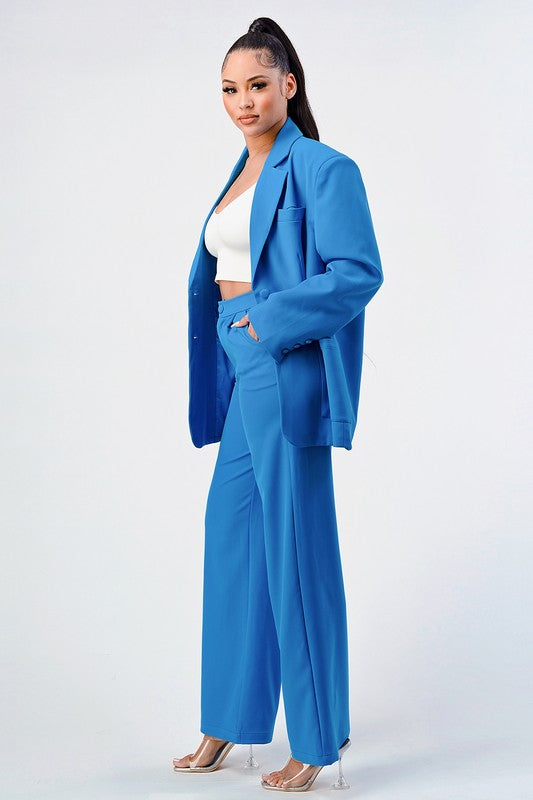 blue business CASUAL LOOSE FIT BLAZER AND PANTS set