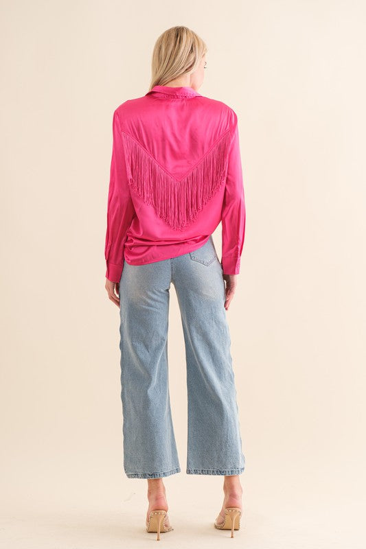 hot pink Satin Shirt Blouse with Chevron Fringe