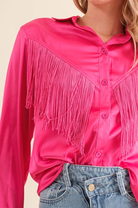 hot pink Satin Shirt Blouse with Chevron Fringe