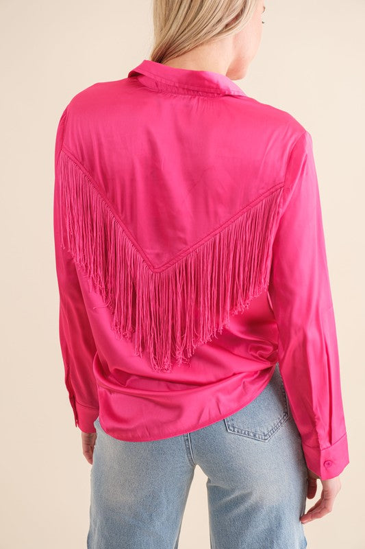 hot pink Satin Shirt Blouse with Chevron Fringe