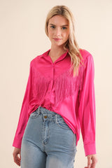 hot pink Satin Shirt Blouse with Chevron Fringe