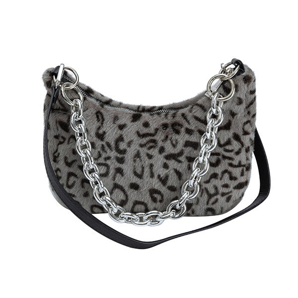 grey Plush Leopard Print Shoulder Bag