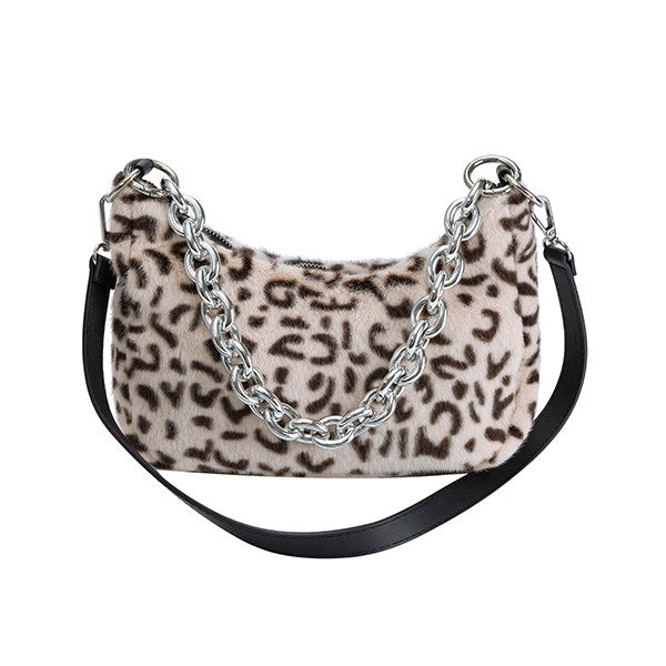 ivory Plush Leopard Print Shoulder Bag