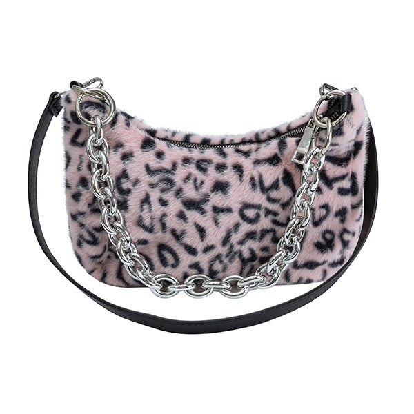 pink Plush Leopard Print Shoulder Bag