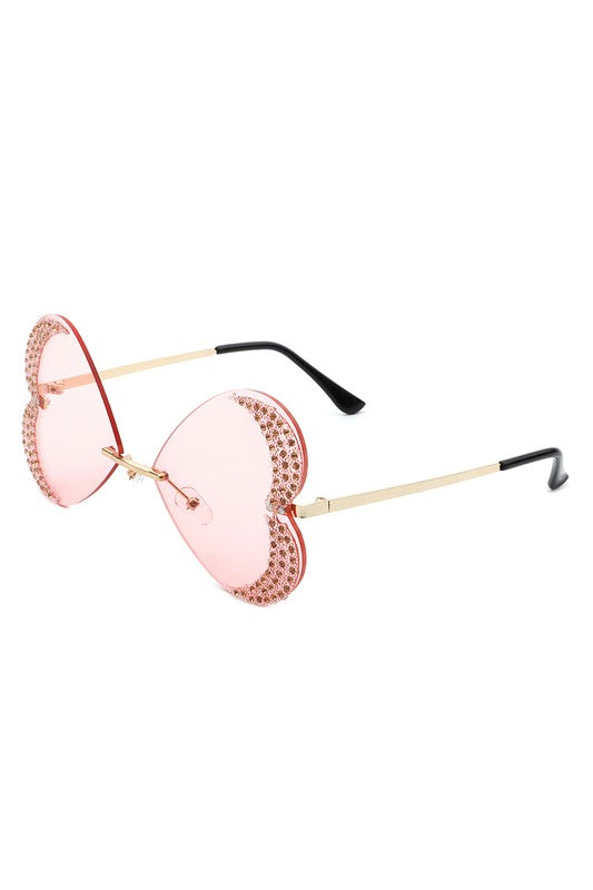 pink     Quixotia - Rimless Butterfly Heart Shape Tinted Fashion Women Sunglasses