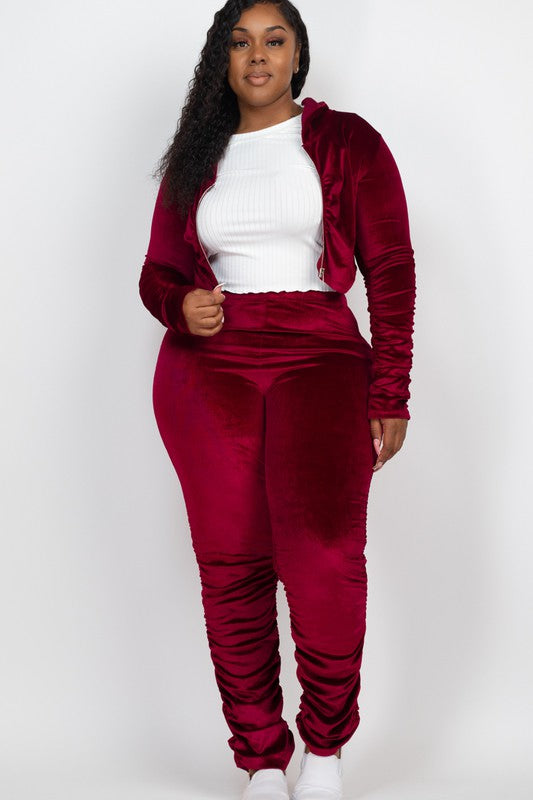Plus Size Velour Ruched Front Zip Up Jacket & Stacked Pants Set