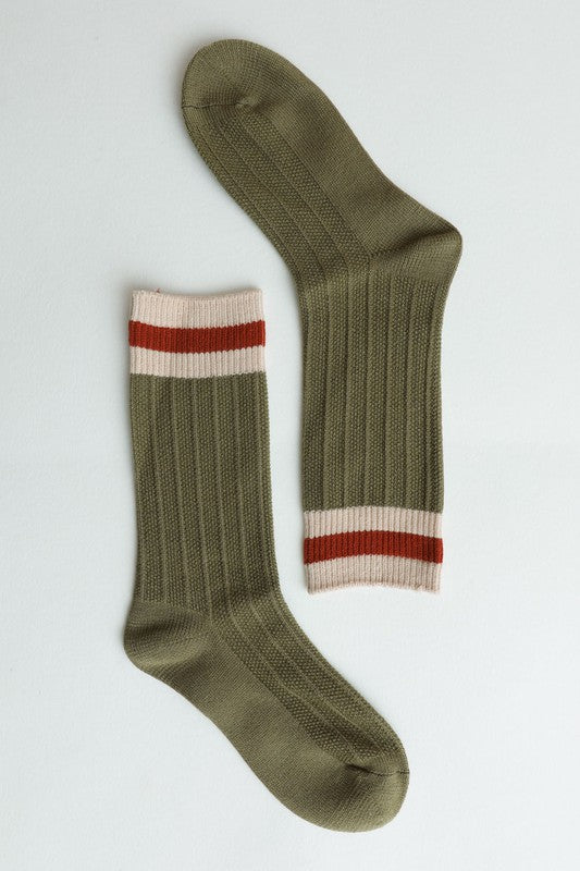 olive Color Block Crew Socks