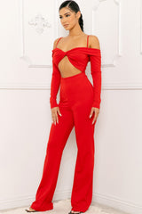 red Open Shoulder Cutout Detail Jumpsuit