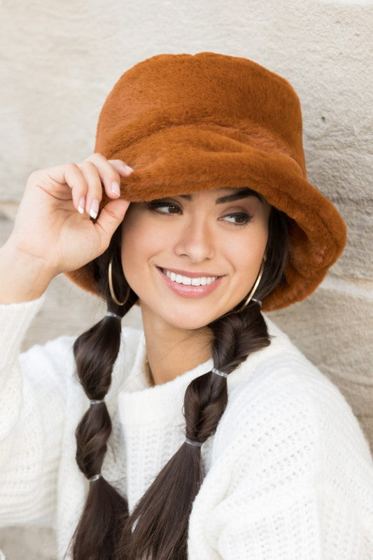 camel color Plush Faux Fur Bucket Hat