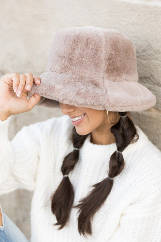 cream color Plush Faux Fur Bucket Hat