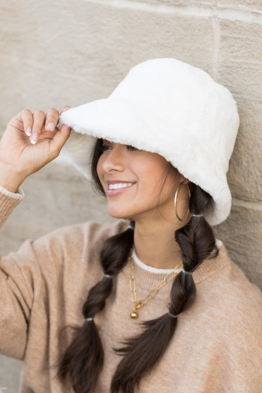 white color Plush Faux Fur Bucket Hat