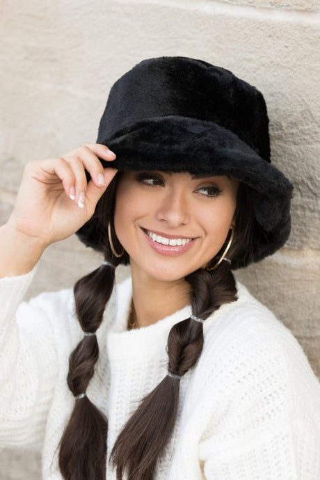 Black Plush Faux Fur Bucket Hat