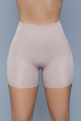 Nude high-waisted shapewear shorts with a seamless front panel for a smooth, sculpted look under clothing