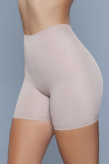 Nude high-waisted shapewear shorts with a smooth, seamless finish, providing light compression and a sleek silhouette