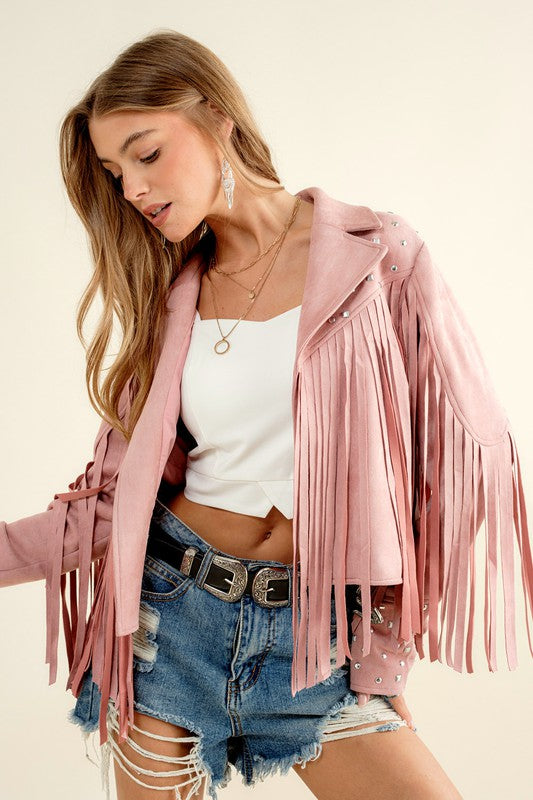 blush pink Studded Fringe Open Western Jacket