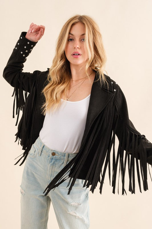 Black Studded Fringe Open Western Jacket