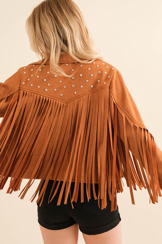 camel Studded Fringe Open Western Jacket