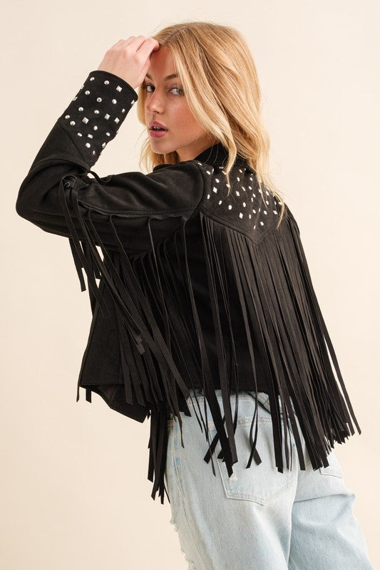 Black Studded Fringe Open Western Jacket