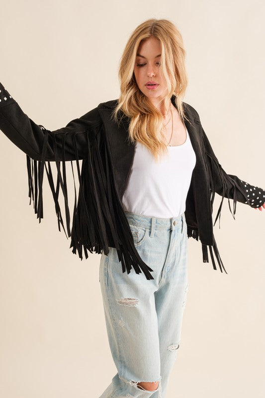 Black Studded Fringe Open Western Jacket